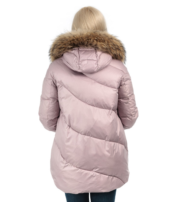 Пуховик женский зимний пудряний капюшон с натуральным мехом К313