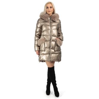 Пуховик женский зимний золотой капюшон и карманы с натуральным мехом К339