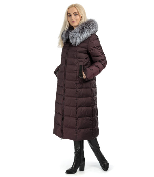 Пуховик женский зимний вишневый капюшон с натуральным мехом К357