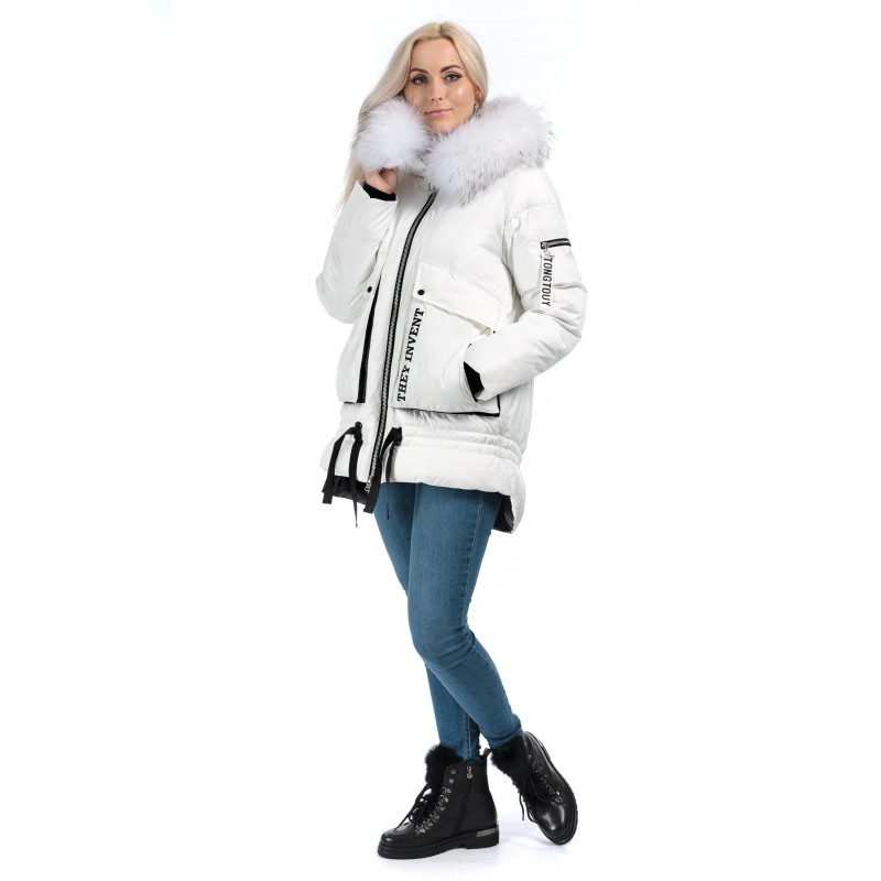 Пуховик жіночий зимовий білий капюшон з натуральним хутром К362