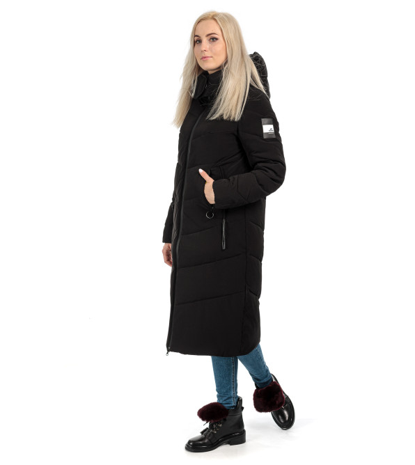 Пуховик женский зимний черный капюшон К503