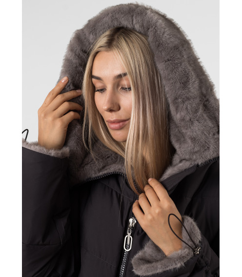 Пуховик женский черный с серым мехом Snow Owl К792
