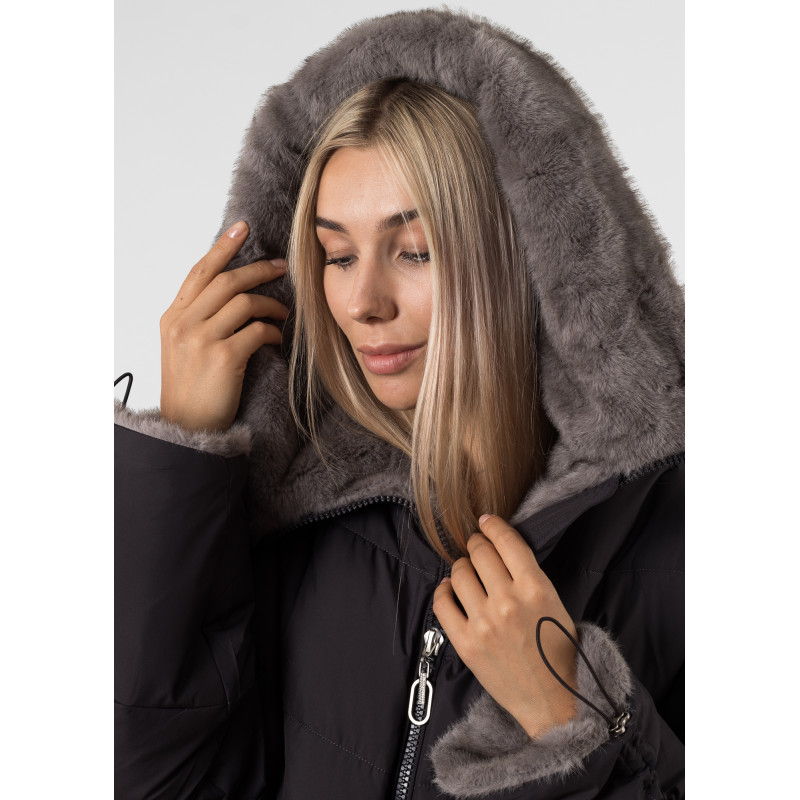 Пуховик женский черный с серым мехом Snow Owl К792