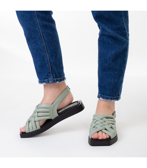 Босоножки женские кожаные без каблука зеленые Evromoda 1398ЛZ