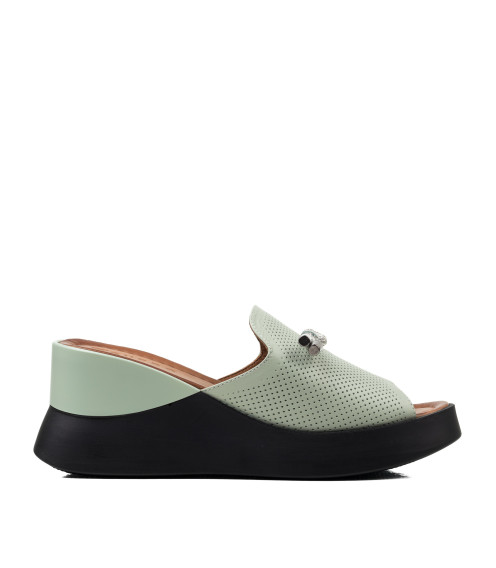 Шлепанцы женские кожаные мятные на танкетке Guero 1524ЛZ-А