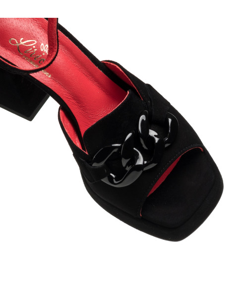 Босоножки женские замшевые черные на квадратном каблуке с пряжкой Lirio 814ЛП