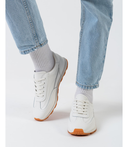 Кроссовки женские молочковые на шнуровках кожаные Farinni 2028Т