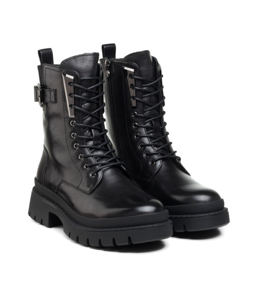 Ботинки зимние женские кожаные черные с пряжкой шнуровками и молнией Anemone 1658Ц
