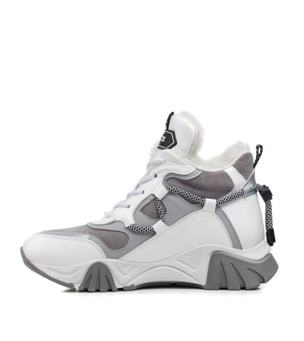 Женские кожаные белые высокие стильные со вставками замши на высокой платформе Evromoda 479ЦZ-А